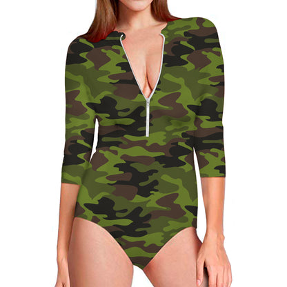 Dark Green And Black Camouflage Print Long Sleeve Swimsuit