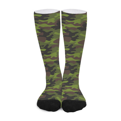 Dark Green And Black Camouflage Print Long Socks