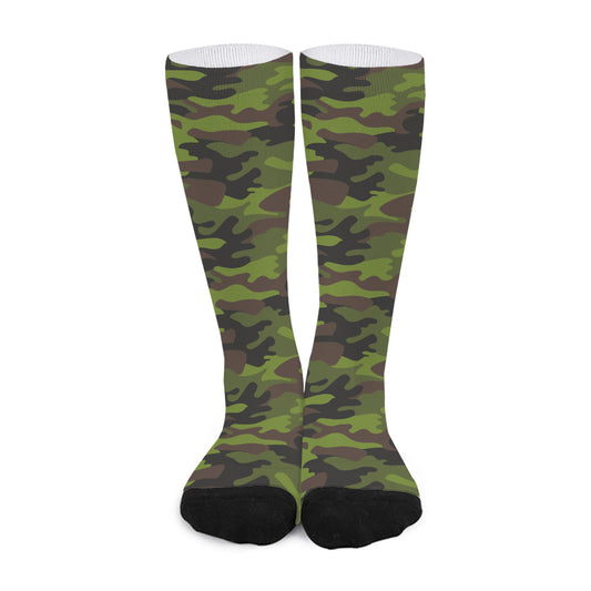 Dark Green And Black Camouflage Print Long Socks