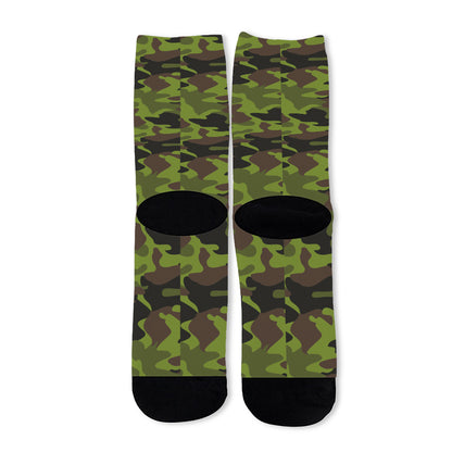 Dark Green And Black Camouflage Print Long Socks