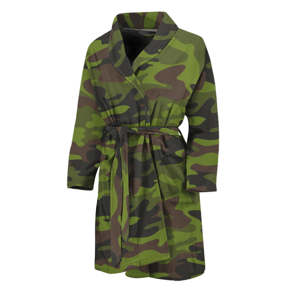 Dark Green And Black Camouflage Print Men's Bathrobe