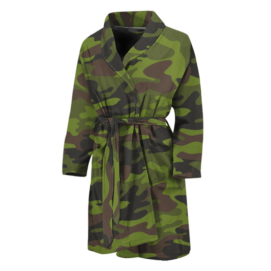 Dark Green And Black Camouflage Print Men's Bathrobe