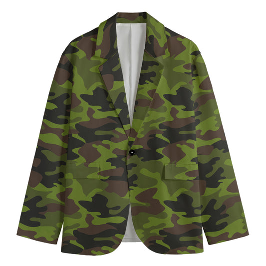 Dark Green And Black Camouflage Print Men's Cotton Blazer