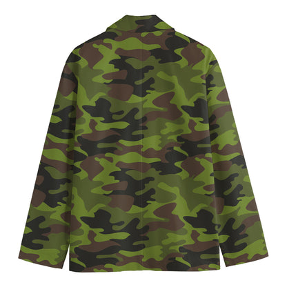 Dark Green And Black Camouflage Print Men's Cotton Blazer