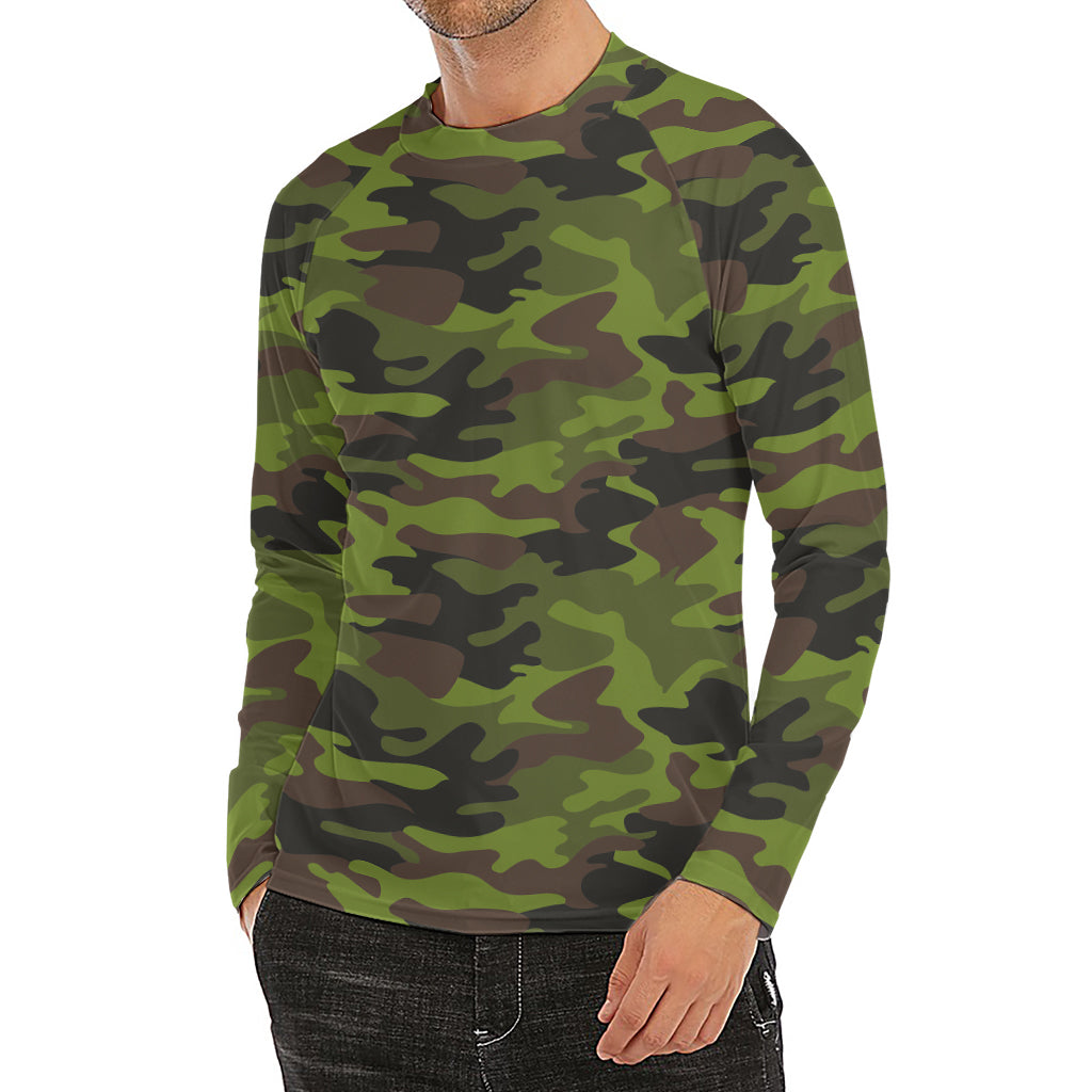 Dark Green And Black Camouflage Print Men's Long Sleeve Rash Guard