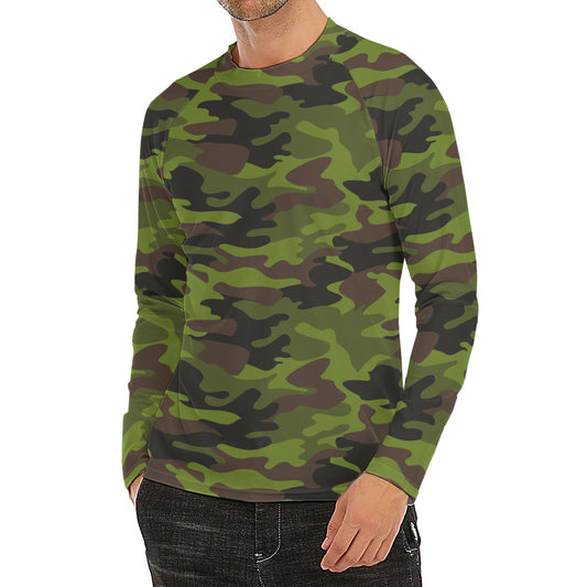 Dark Green And Black Camouflage Print Men's Long Sleeve Rash Guard