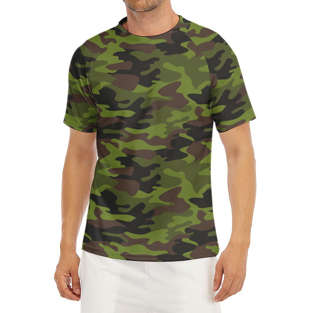 Dark Green And Black Camouflage Print Men's Short Sleeve Rash Guard