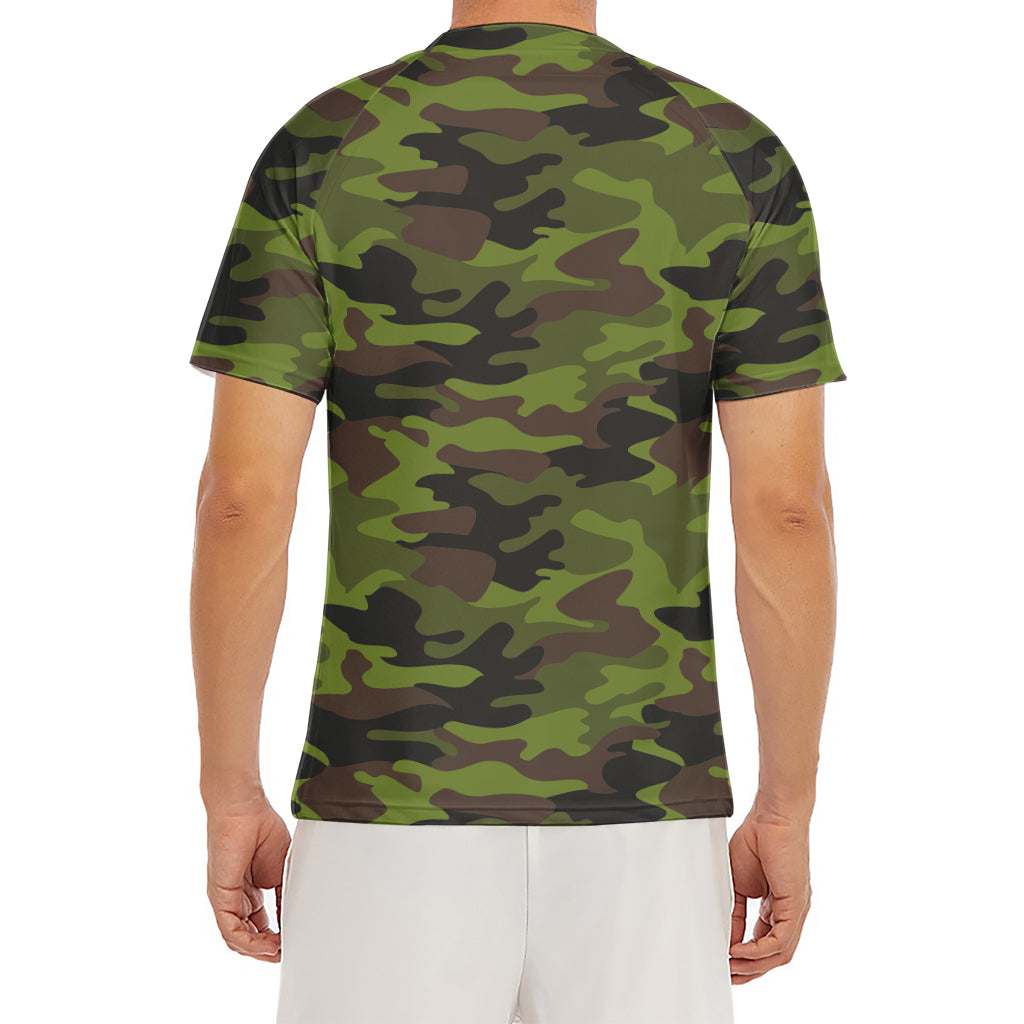 Dark Green And Black Camouflage Print Men's Short Sleeve Rash Guard