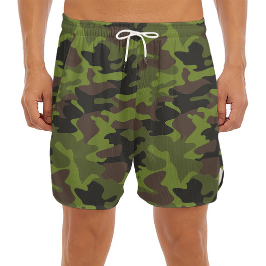 Dark Green And Black Camouflage Print Men's Split Running Shorts