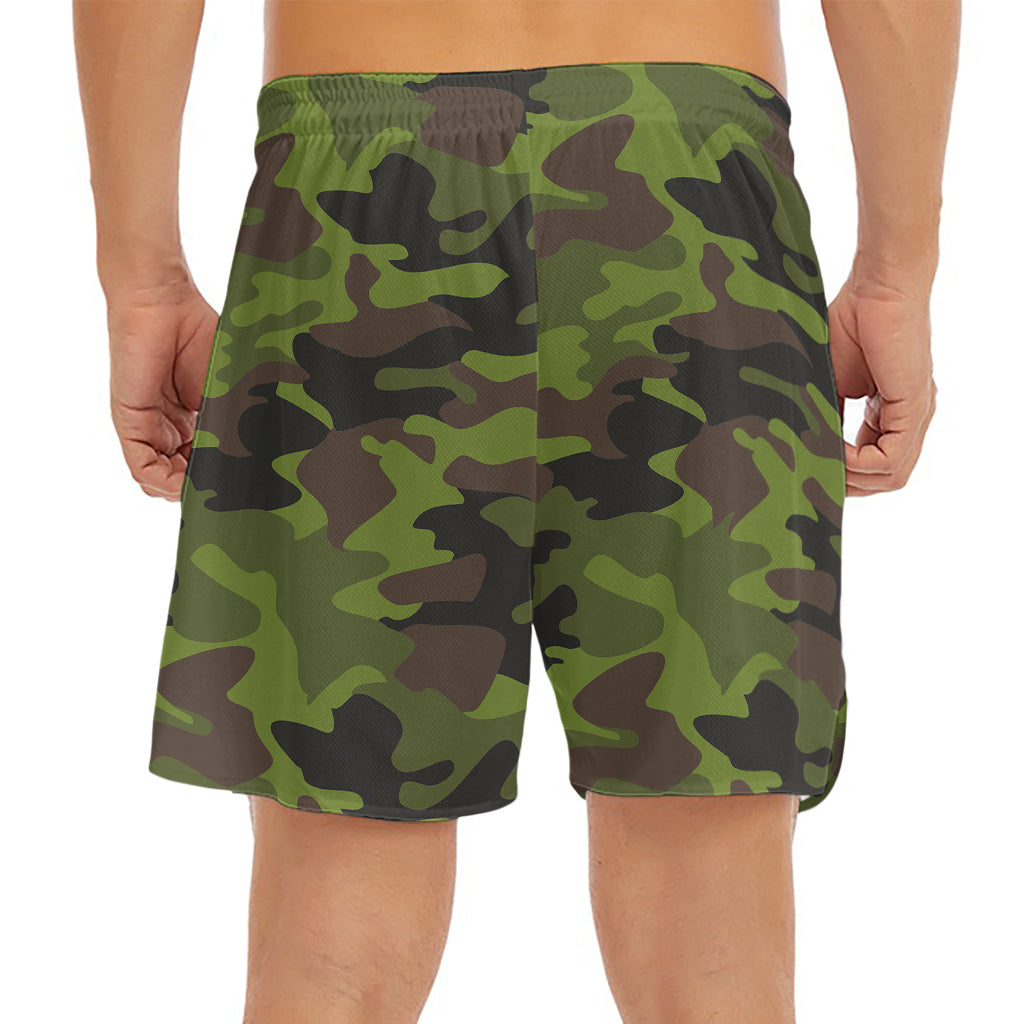 Dark Green And Black Camouflage Print Men's Split Running Shorts