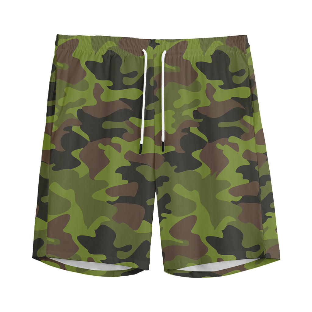 Dark Green And Black Camouflage Print Men's Sports Shorts