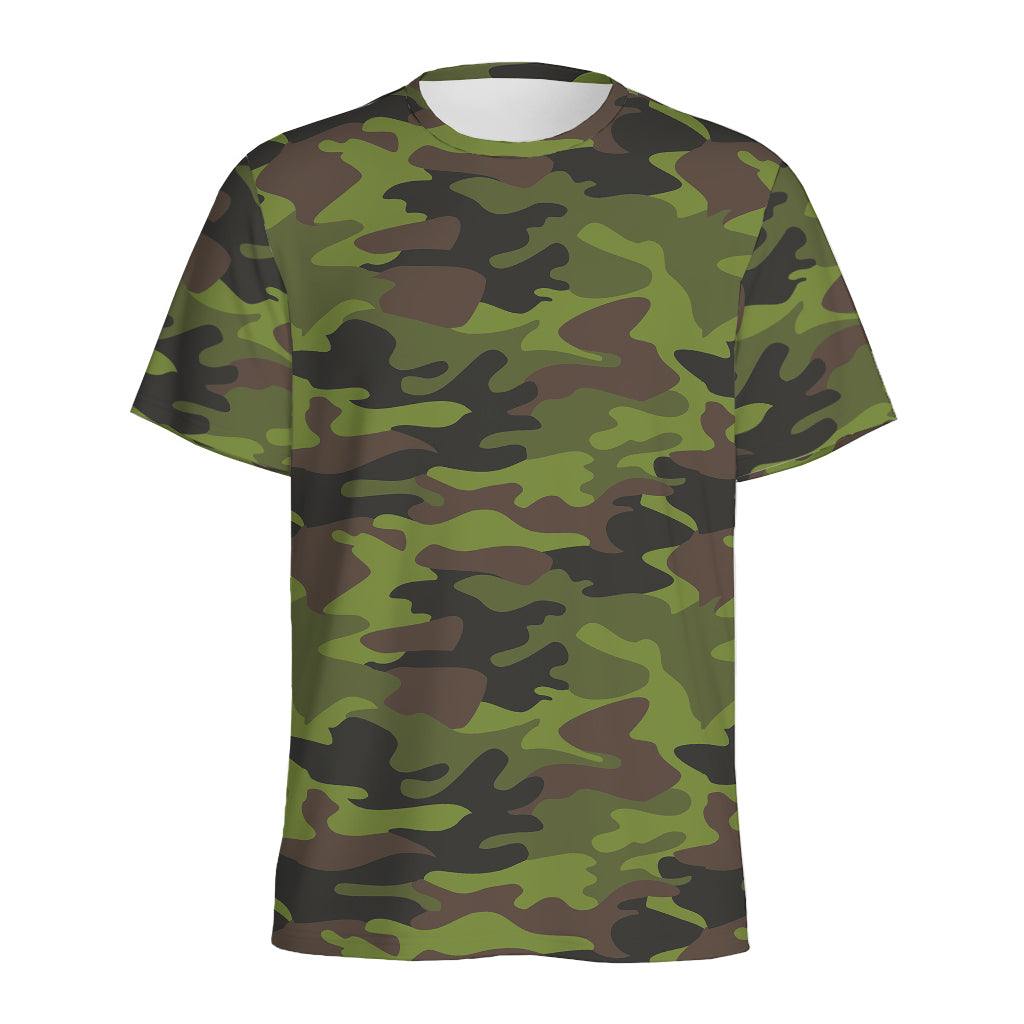Dark Green And Black Camouflage Print Men's Sports T-Shirt