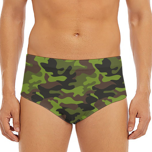 Dark Green And Black Camouflage Print Men's Triangle Swim Briefs