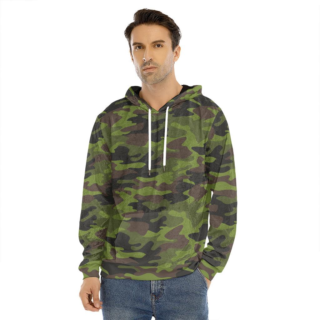 Dark Green And Black Camouflage Print Men's Velvet Pullover Hoodie