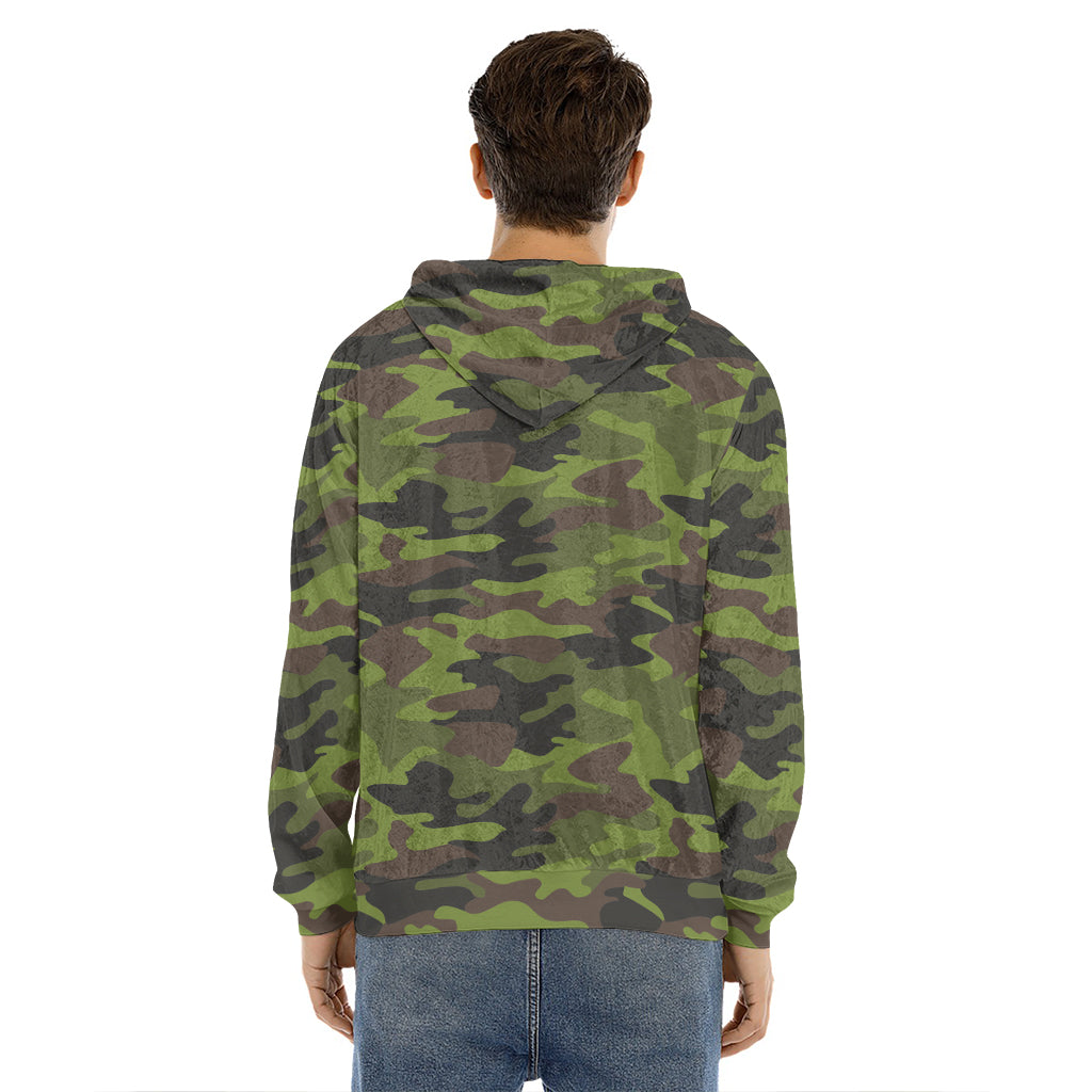 Dark Green And Black Camouflage Print Men's Velvet Pullover Hoodie