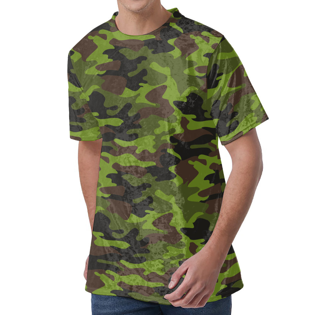 Dark Green And Black Camouflage Print Men's Velvet T-Shirt