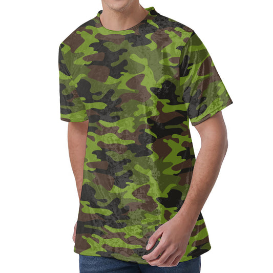 Dark Green And Black Camouflage Print Men's Velvet T-Shirt