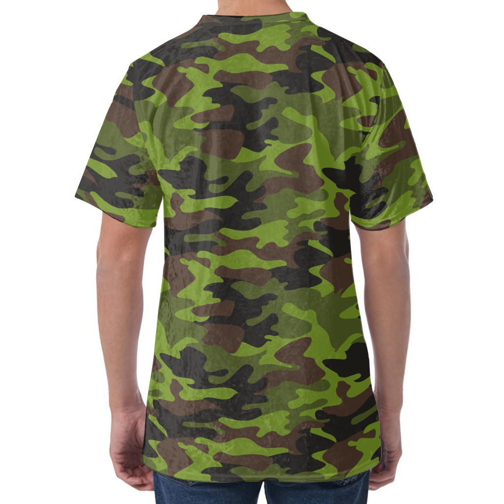 Dark Green And Black Camouflage Print Men's Velvet T-Shirt
