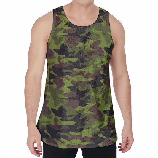 Dark Green And Black Camouflage Print Men's Velvet Tank Top