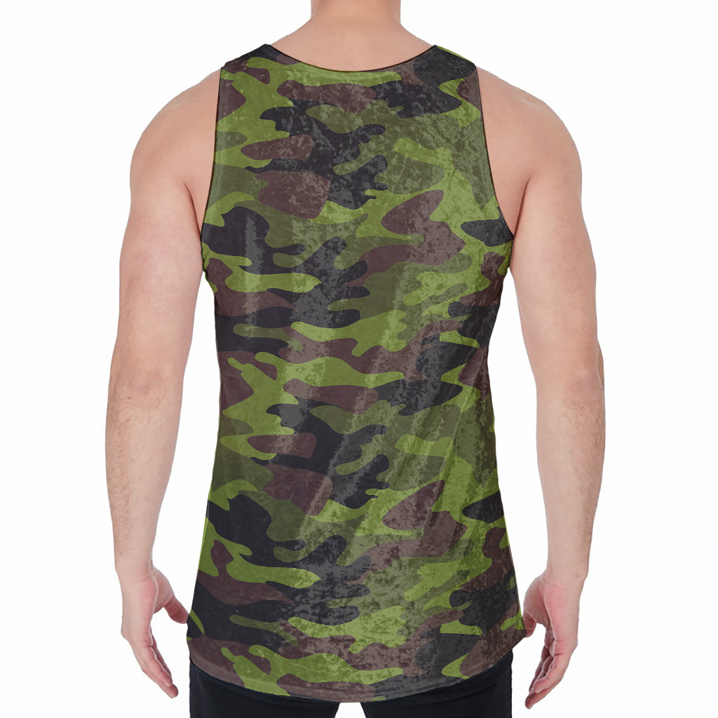 Dark Green And Black Camouflage Print Men's Velvet Tank Top