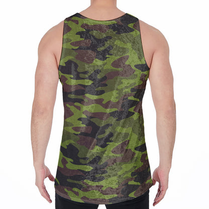 Dark Green And Black Camouflage Print Men's Velvet Tank Top