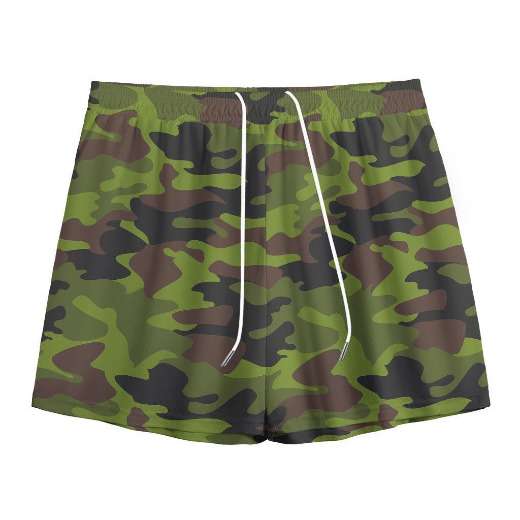 Dark Green And Black Camouflage Print Mesh Shorts