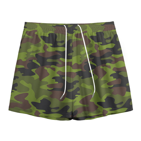 Dark Green And Black Camouflage Print Mesh Shorts