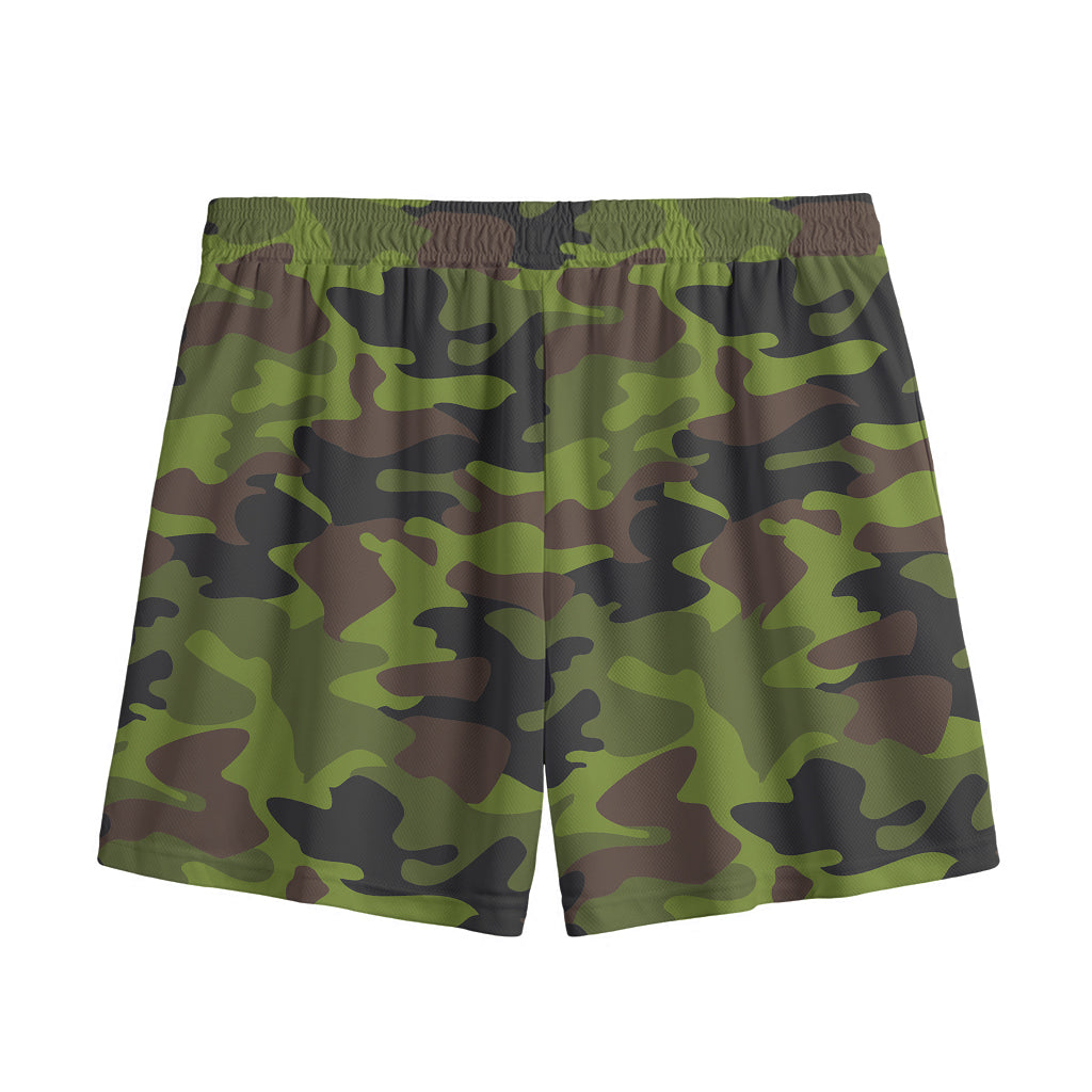 Dark Green And Black Camouflage Print Mesh Shorts