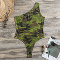 Dark Green And Black Camouflage Print One Shoulder Bodysuit
