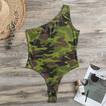 Dark Green And Black Camouflage Print One Shoulder Bodysuit