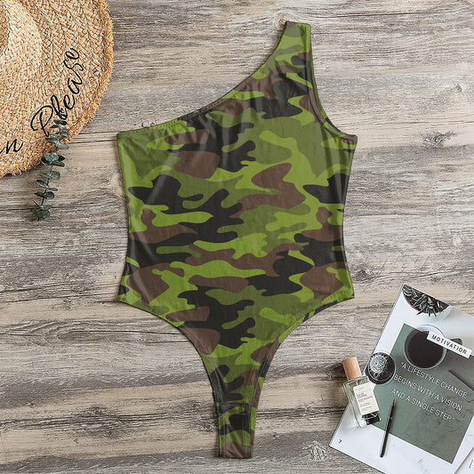 Dark Green And Black Camouflage Print One Shoulder Bodysuit