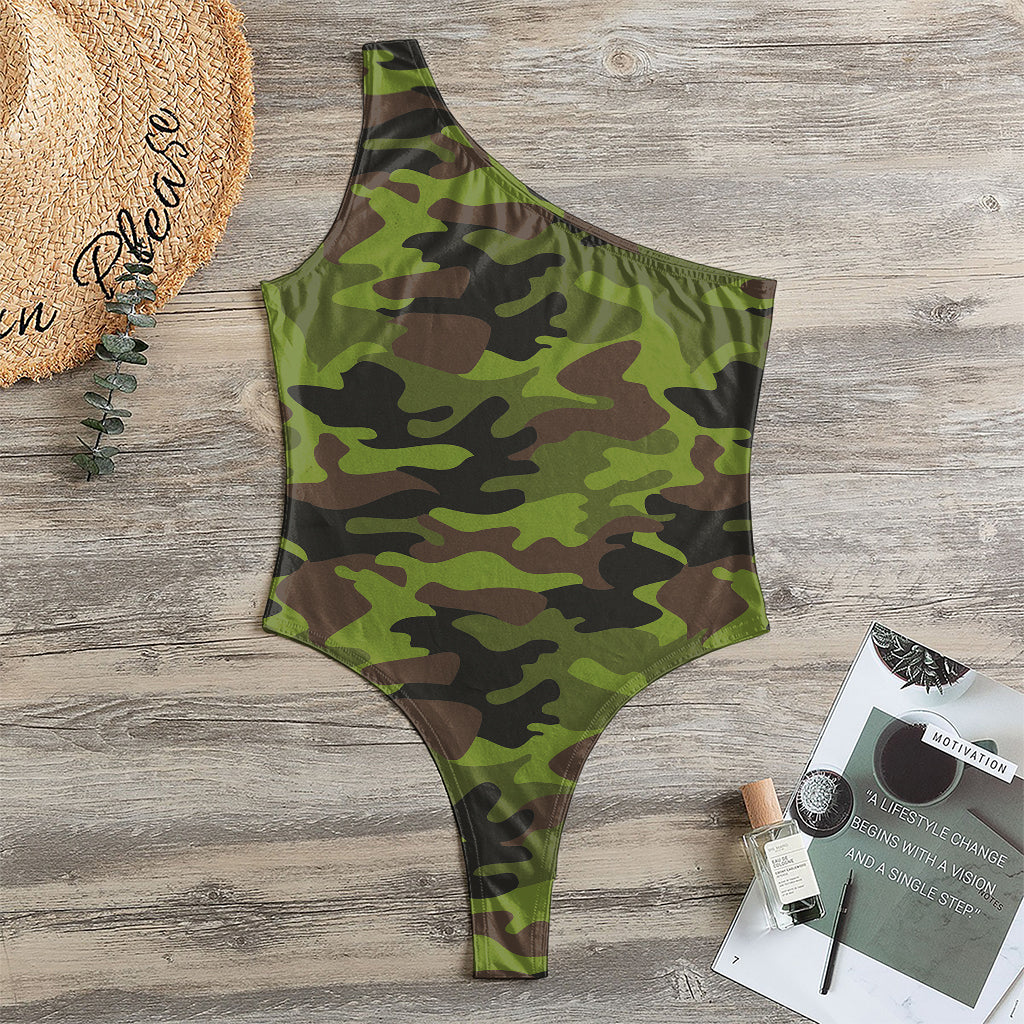 Dark Green And Black Camouflage Print One Shoulder Bodysuit