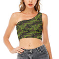 Dark Green And Black Camouflage Print One Shoulder Crop Top