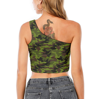 Dark Green And Black Camouflage Print One Shoulder Crop Top