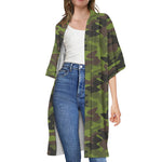 Dark Green And Black Camouflage Print Open Front Beach Cover Up