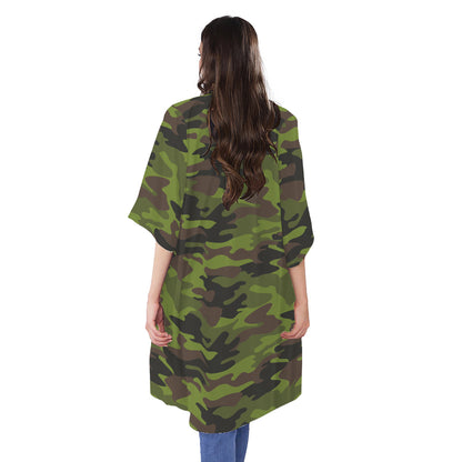 Dark Green And Black Camouflage Print Open Front Beach Cover Up