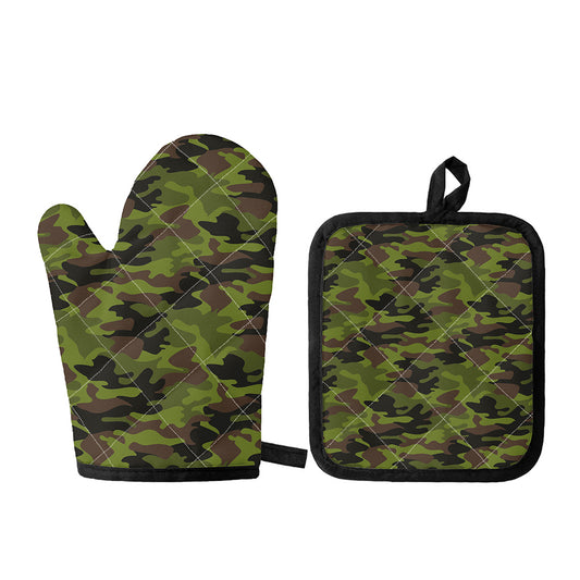 Dark Green And Black Camouflage Print Oven Mitt And Pot Holder Set