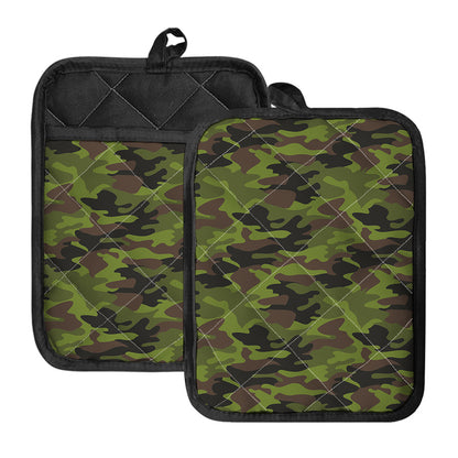 Dark Green And Black Camouflage Print Pot Holders With Pocket