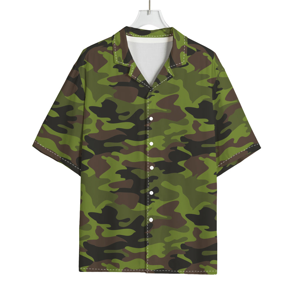 Dark Green And Black Camouflage Print Rayon Hawaiian Shirt