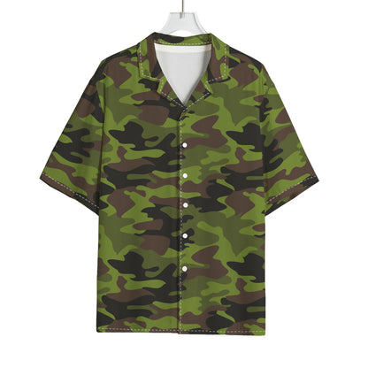Dark Green And Black Camouflage Print Rayon Hawaiian Shirt