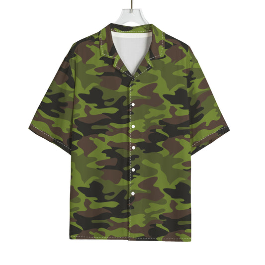 Dark Green And Black Camouflage Print Rayon Hawaiian Shirt