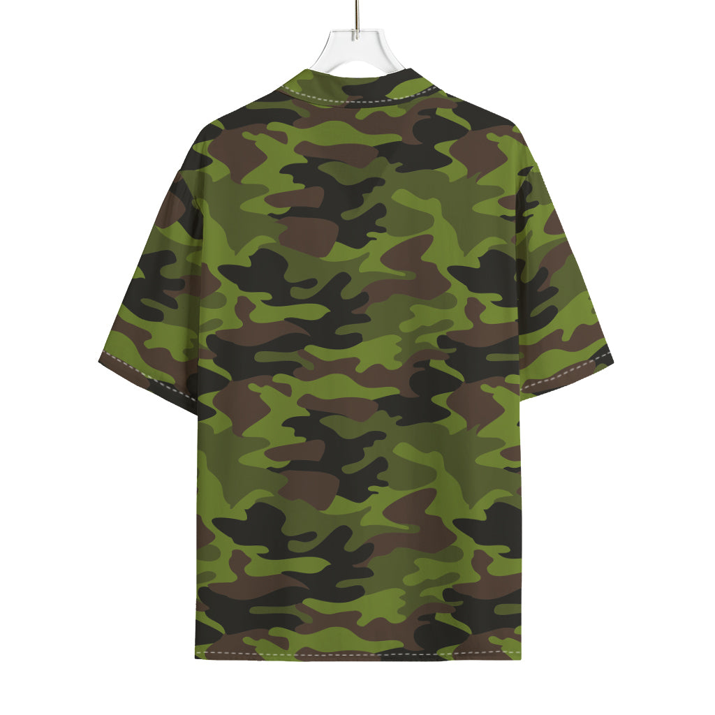 Dark Green And Black Camouflage Print Rayon Hawaiian Shirt