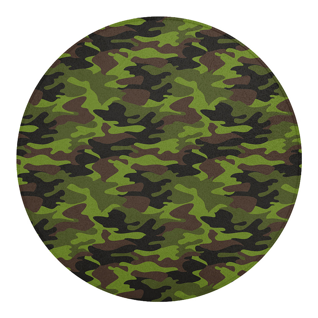 Dark Green And Black Camouflage Print Round Blanket