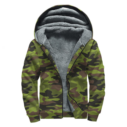 Dark Green And Black Camouflage Print Sherpa Lined Zip Up Hoodie