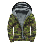 Dark Green And Black Camouflage Print Sherpa Lined Zip Up Hoodie