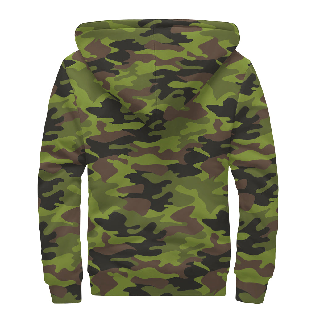Dark Green And Black Camouflage Print Sherpa Lined Zip Up Hoodie
