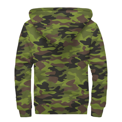 Dark Green And Black Camouflage Print Sherpa Lined Zip Up Hoodie