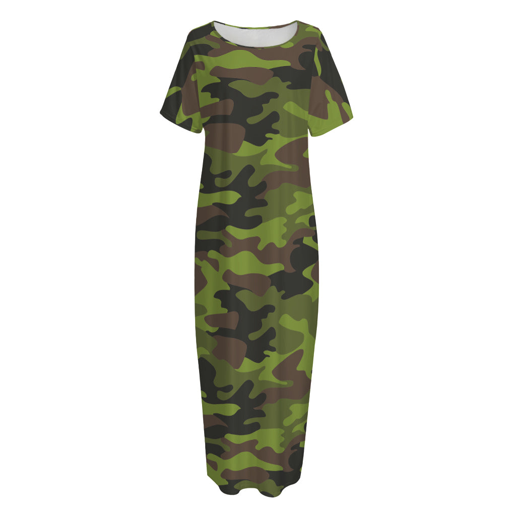 Dark Green And Black Camouflage Print Short Sleeve Long Nightdress