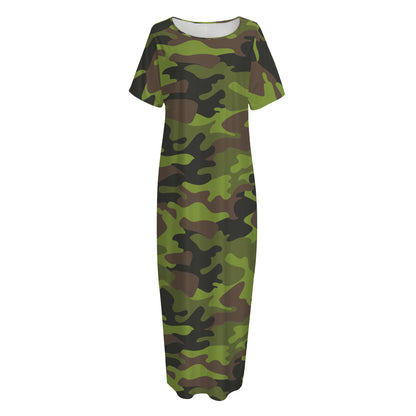 Dark Green And Black Camouflage Print Short Sleeve Long Nightdress