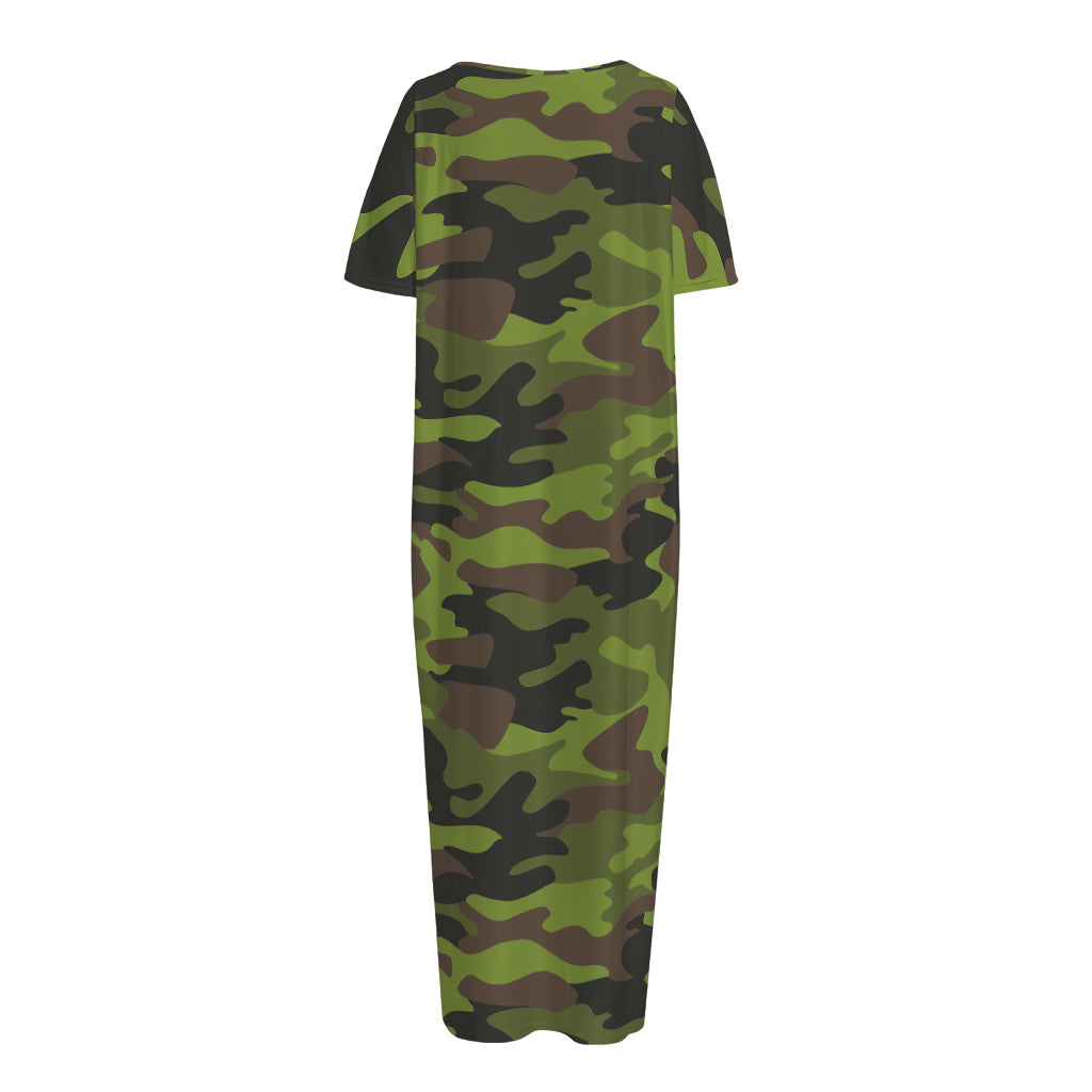Dark Green And Black Camouflage Print Short Sleeve Long Nightdress